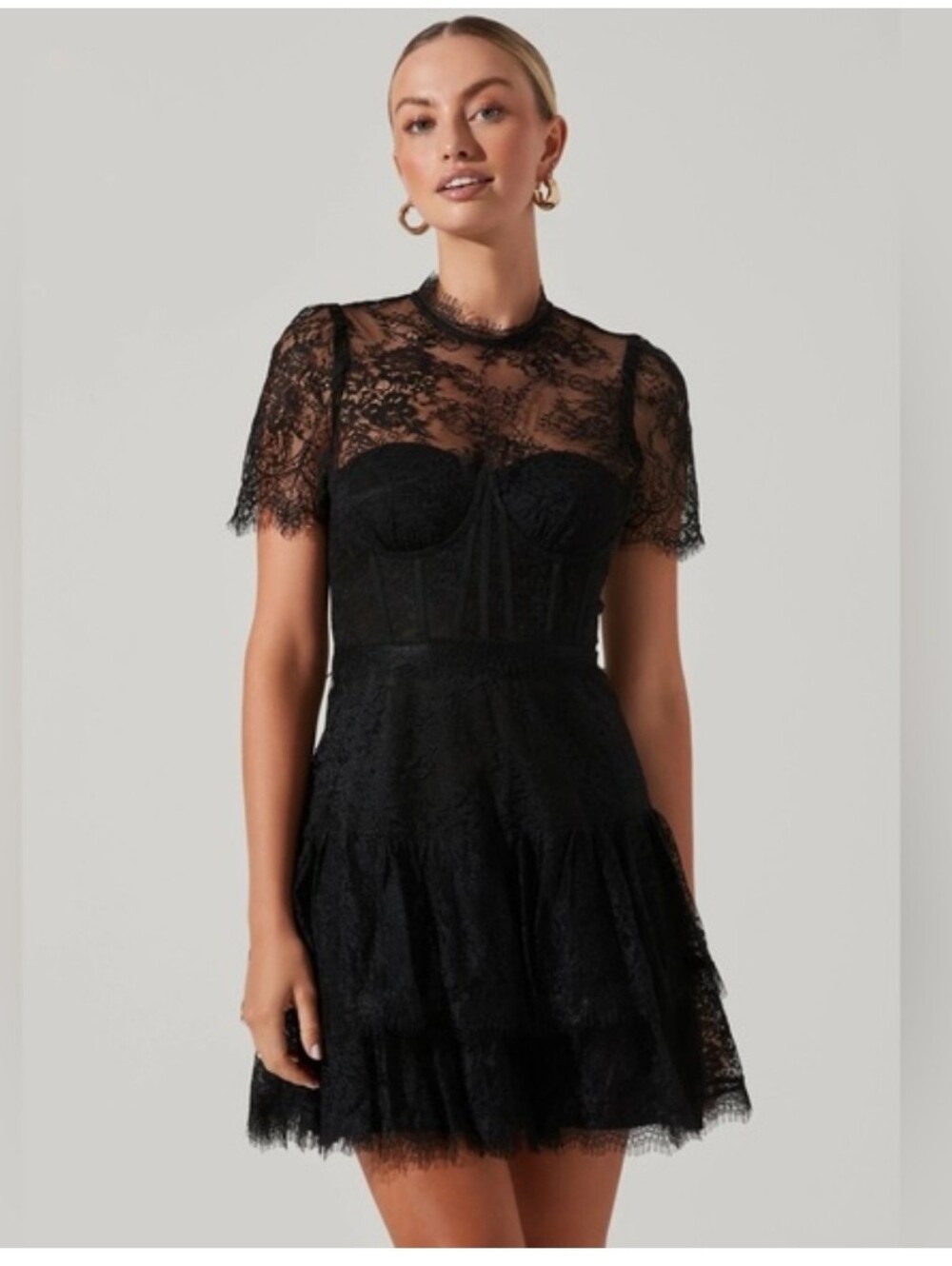 Astr Black Lace Mini Dress with Sheer Yoke